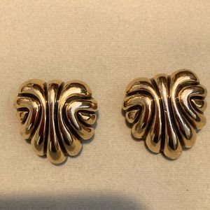 St John (?) Gold tone clip on earrings with black enamel